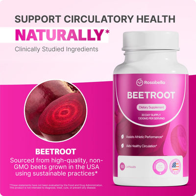Rosabella Organic Beetroot Capsules (1300mg) for Blood Flow & Heart Health Bogo